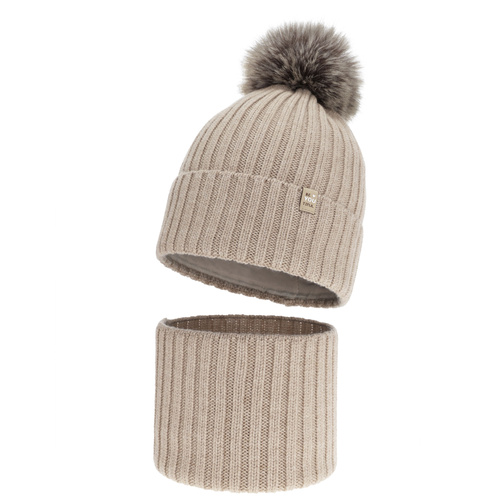 Pige vintersæt: hue og halsvarmer, beige, 100% Merino Uld, foret med bomuld, med pompon, Terida