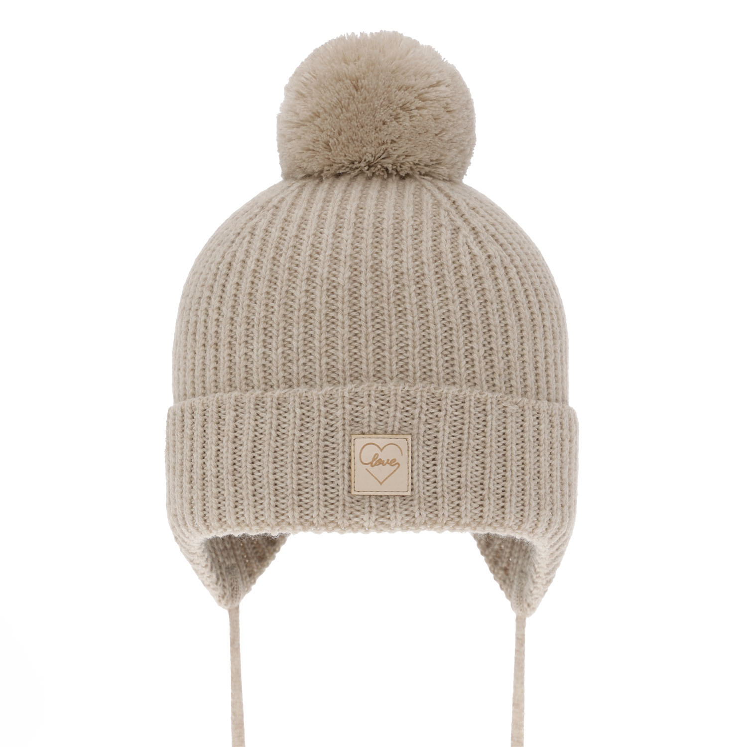 Pige vinterhue, beige, med merinould, foret med uld fleece, med bindebånd, med garn pompon, Hakkari