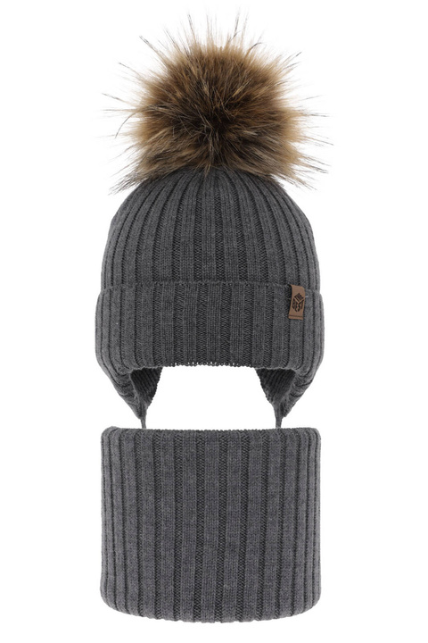 Dreng vintersæt: hue og halsvarmer, grå, med bindebånd, 100% Merino Uld, Juno