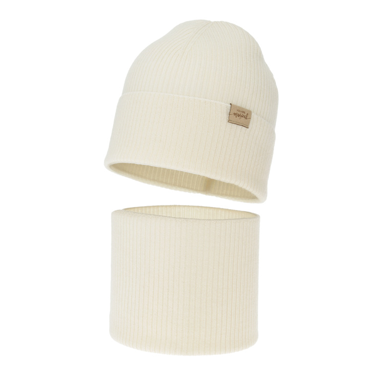 Pige efterår/forår sæt: hue og halsvarmer, kremowy, 100% Merino Uld, Magenta