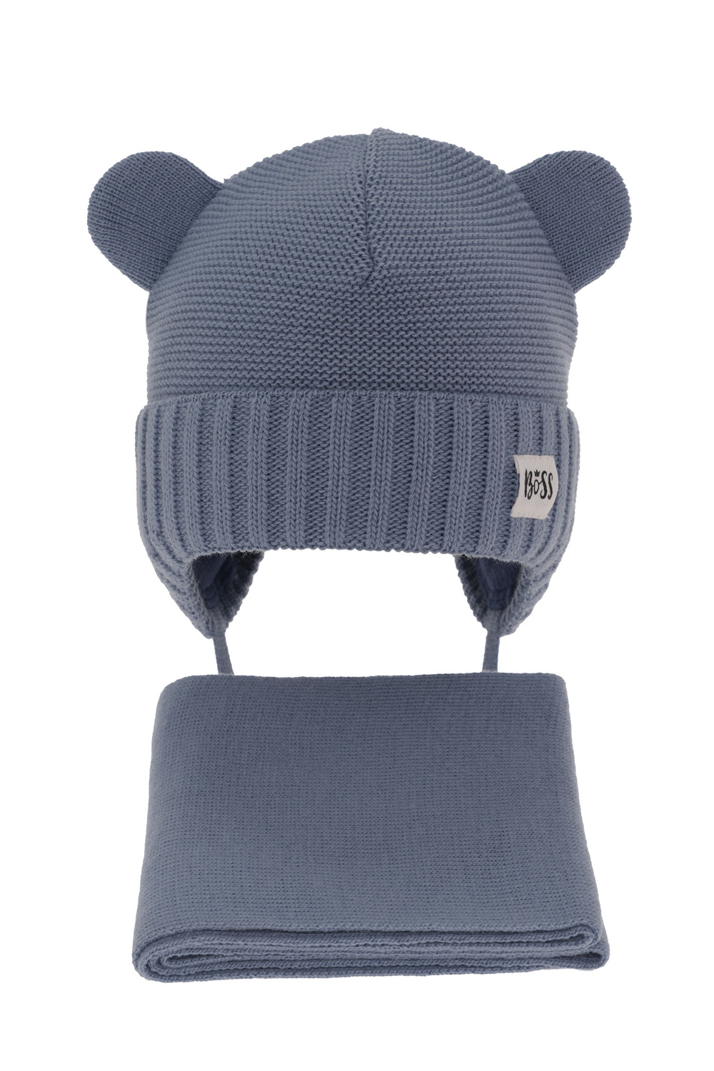 Dreng vintersæt: hue og tørklæde, vinter, blå, med bindebånd, Luciano