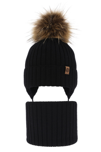 Dreng vintersæt: hue og halsrør, sort, 100% Merino Uld, med bindebånd, Juno