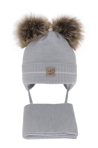 Dreng vintersæt: hue og tørklæde, vinter, lys blå, med to pomponer, med bindebånd, Melon