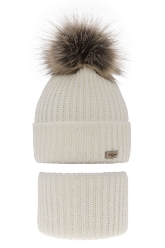 Pige vintersæt: hue og halsrør, cremet, med garn pompon, Willow