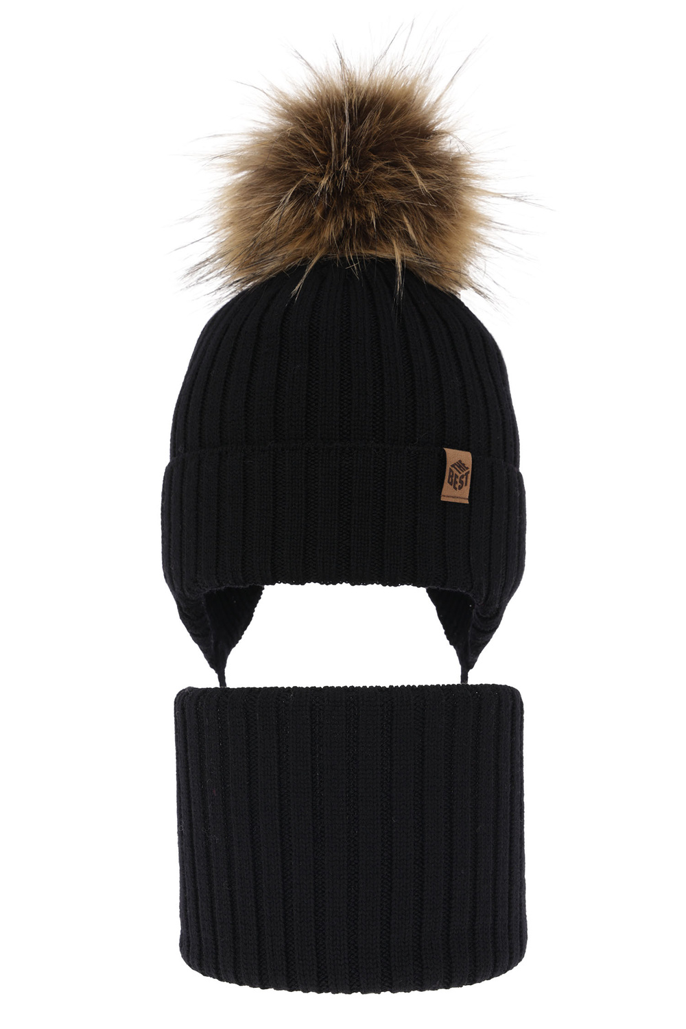 Dreng vintersæt: hue og halsrør, sort, 100% Merino Uld, med bindebånd, Juno