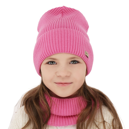 Pige efterår/forår sæt: hue og halsvarmer, rosa, med 100% Merino uld, Itra