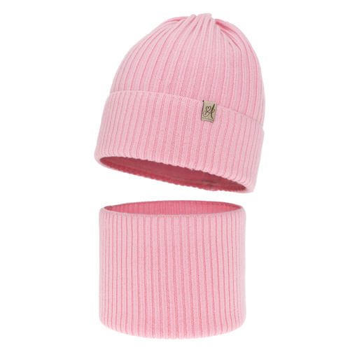 Pige vintersæt: hue og halsvarmer, pink, 100% Merino Uld, Patricia