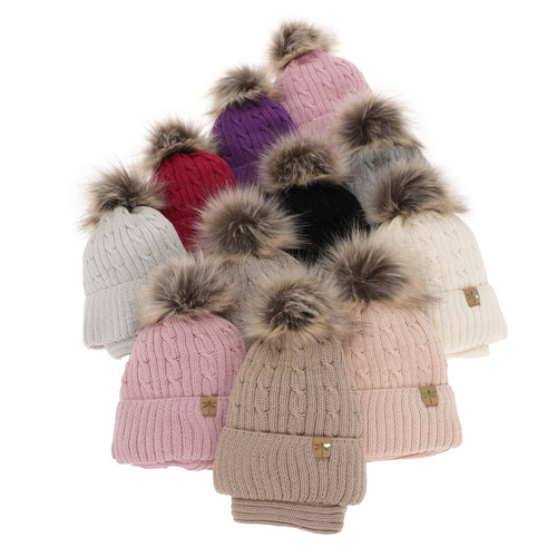 Pige vintersæt: hue og halsrør, pink, med garn pompon, Aprilia