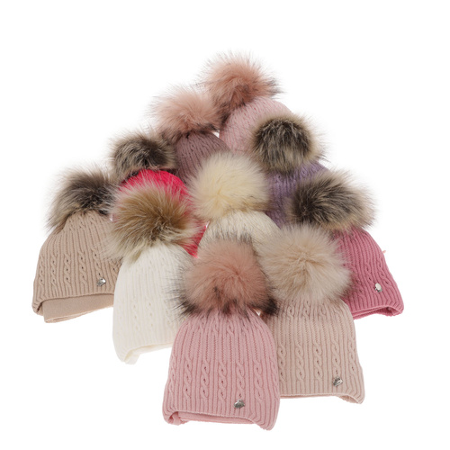 Pige vintersæt: hue og tørklæde, pink, med garn pompon, Amana