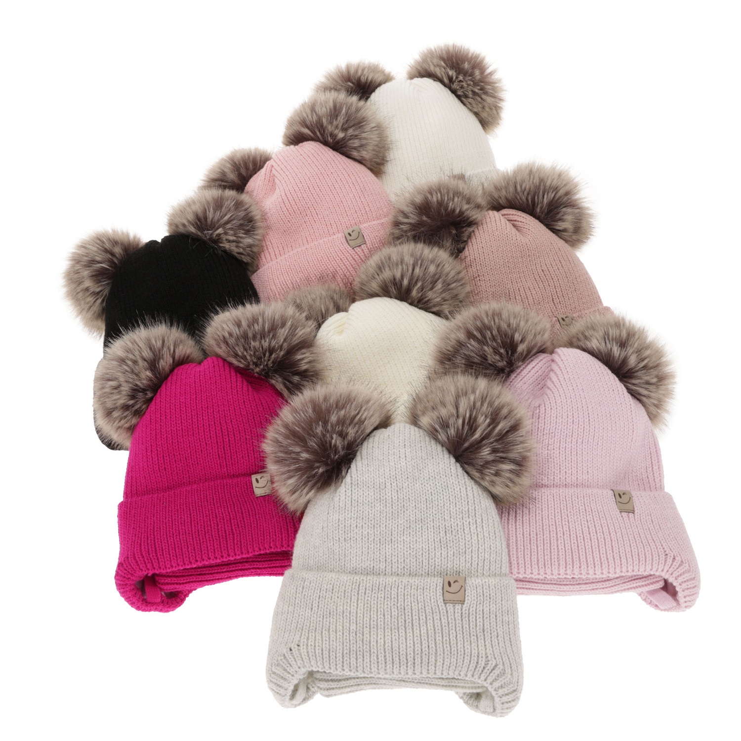 Pige vintersæt: hue og halsrør, beige, med to pomponer, med bindebånd, Zori