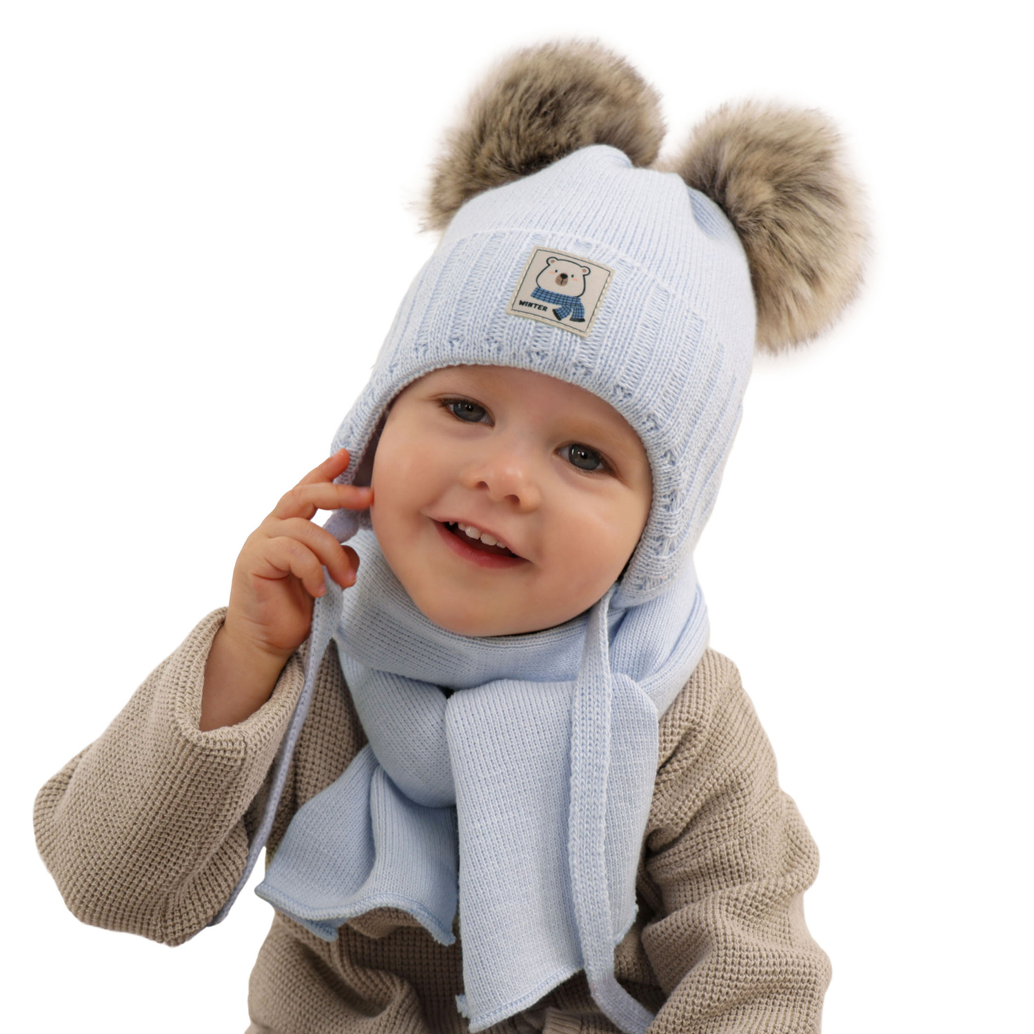 Dreng vintersæt: hue og tørklæde, cremefarvet, med to pomponer (garn), med bindebånd, Jewel