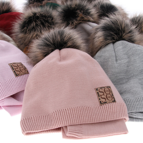 Pige vintersæt: hue og halsrør, grå, med garn pompon, Apolinka