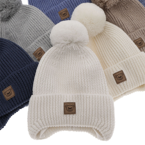 Dreng vinterhue, beige, med bindebånd, med merinould, foret med uld, Tacco