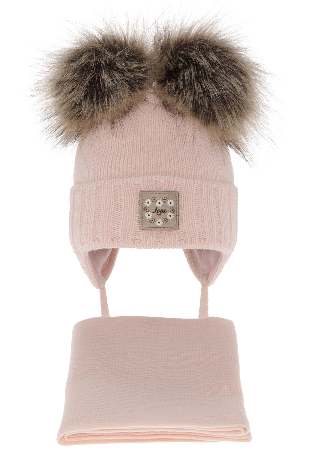 Pige vintersæt: hue og tørklæde, lyserød, med to pomponer (garn), med bindebånd, Jazz