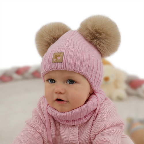 Pige hue og halsedisse, vinter sæt, beige, 100% merinould, foret med uld fleece, Ronia