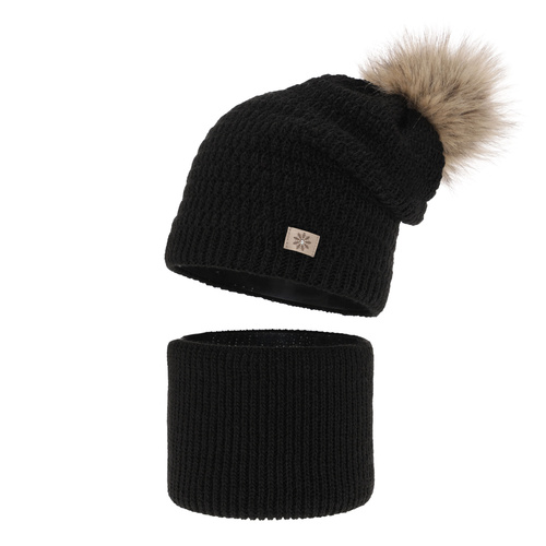 Pige vintersæt: hue og halsvarmer, sort, med garn pompon, Germina