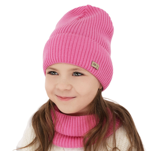 Pige efterår/forår sæt: hue og halsvarmer, rosa, med 100% Merino uld, Itra