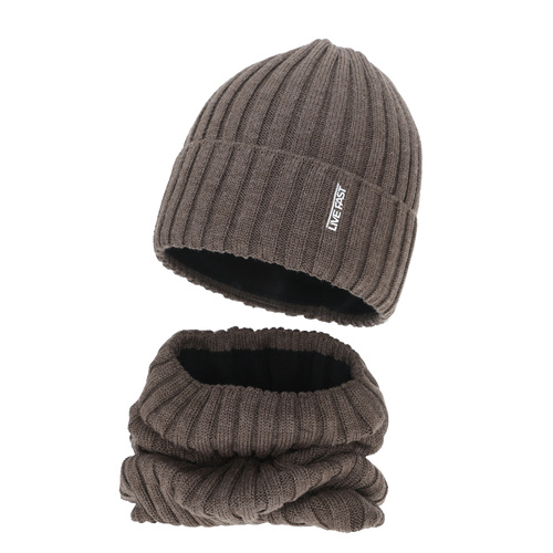 Dreng vintersæt (hue og halsvarmer), lysebrunt, med merinould, foret med fleece, Banasko