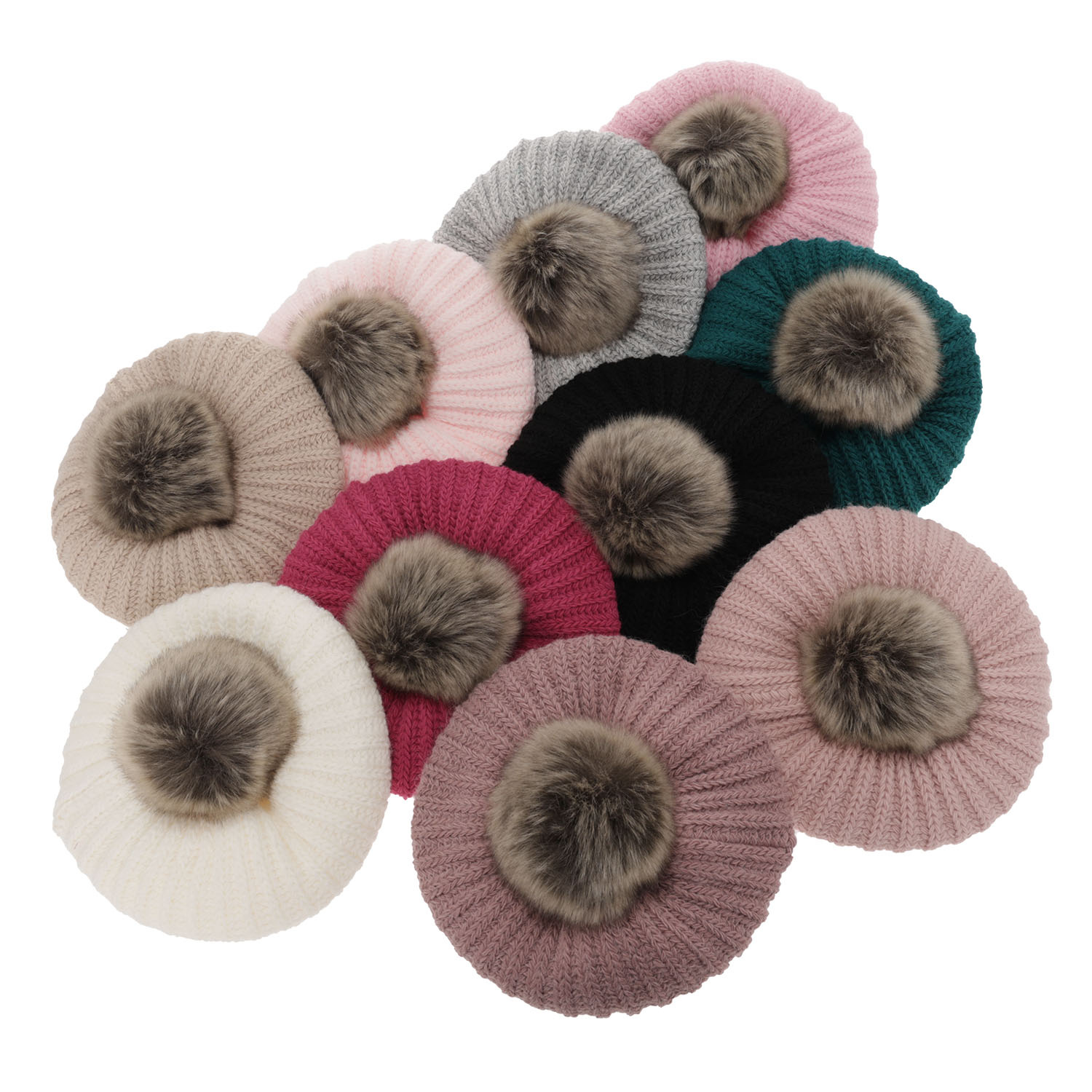 Pige vintersæt: beret og halsedisse, rosa, med garn pompon, Polinezja