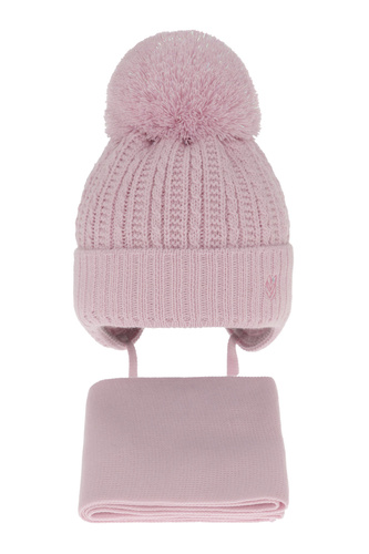 Pige vintersæt: hue og tørklæde, lilla, med bindebånd, med garn pompon, Marisa