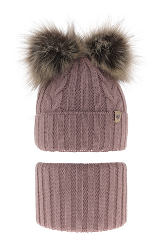 Pige vintersæt: hue og halsedisse, med to pomponer, wrzosowy, Amala