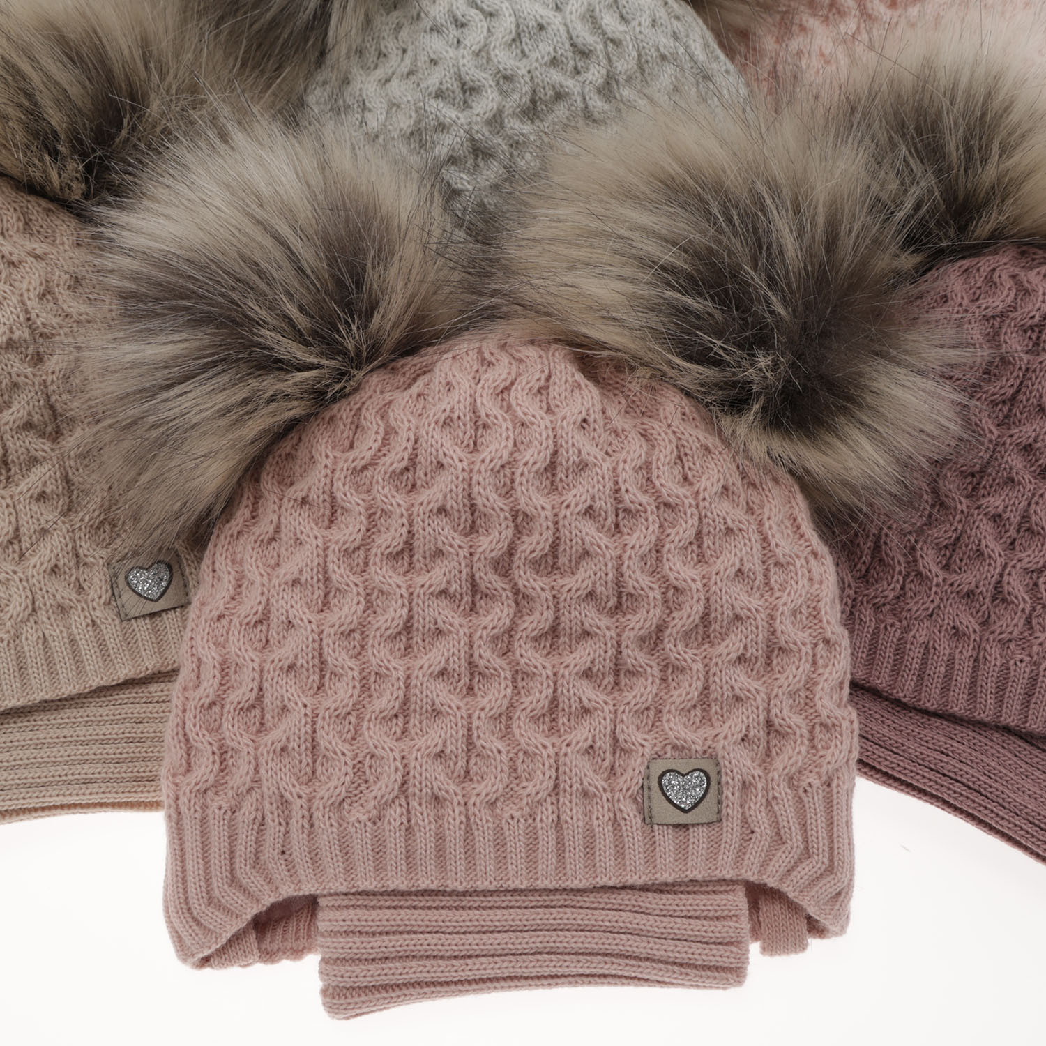 Pige vintersæt: hue og halsrør, lyserød, med to pomponer, Poliana