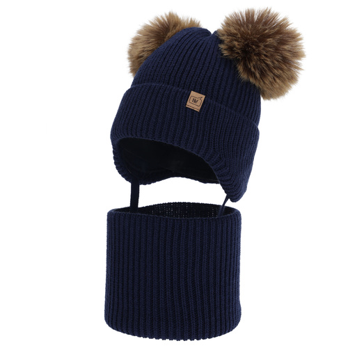 Dreng vintersæt: hue og halsvarmer, marineblå, med to pomponer, Zorven