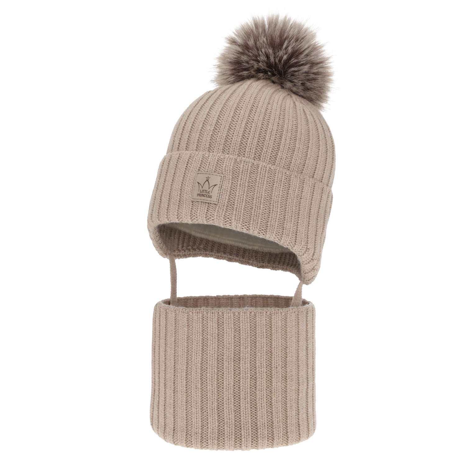 Pige vintersæt: hue og halsrør, beige, med merinould, foret med fleece, Martina