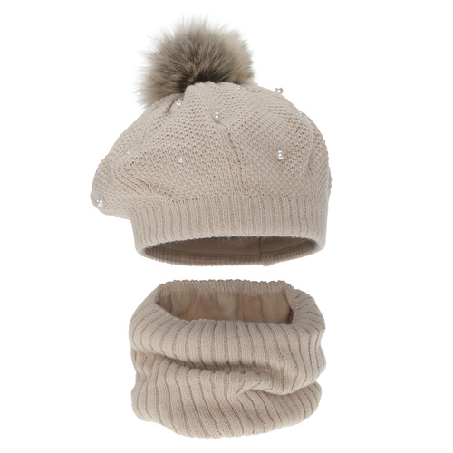 Pige vintersæt: beret og halsvarmer, foret med polar, beige, med pompon, Jeanette