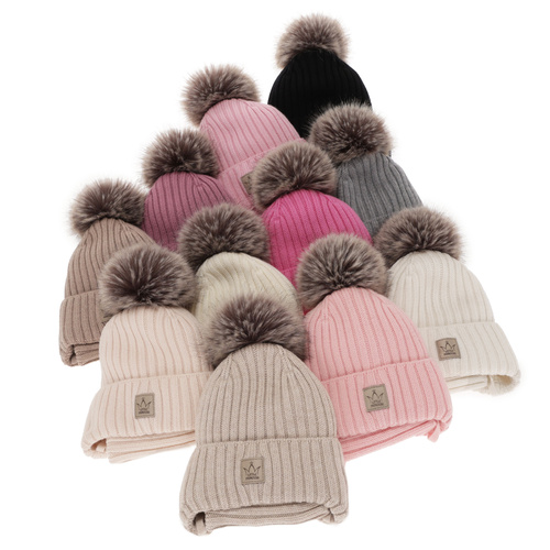 Pige vintersæt: hue og halsrør, lyserød, 100% merinould, foret med uld fleece, med garn pompon, med bindebånd, Martina