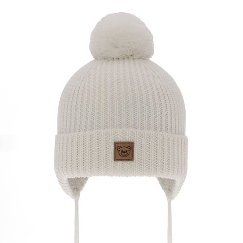 Dreng vinterhue, hvid, med bindebånd, foret med uld, Merino uld, Tacco