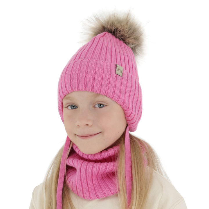 Pige vintersæt: hue og halsvarmer, rosa, med merinould, med bindebånd, Junika
