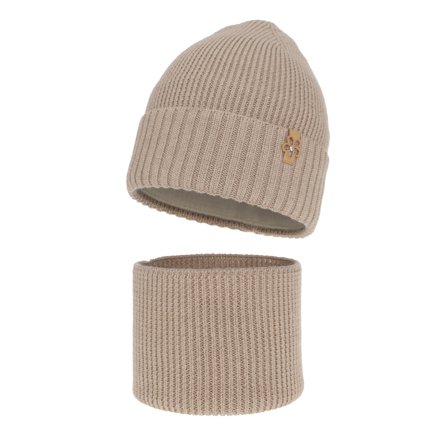 Pige vintersæt: hue og halsvarmer, beige, med merinould, Nelita