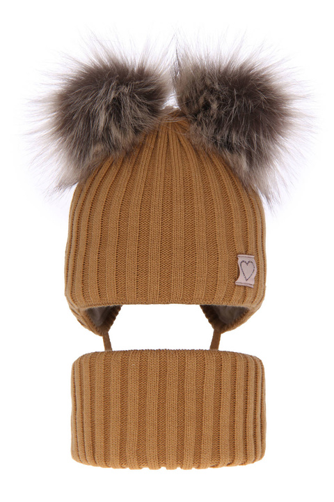 Pige vintersæt: hue og halsrør, camel, med to pomponer (garn), med bindebånd, Telisa