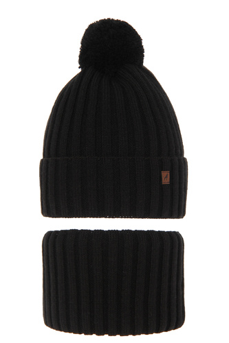 Dreng vintersæt: hue og halsvarmer, sort, med garn pompon, Wiliam