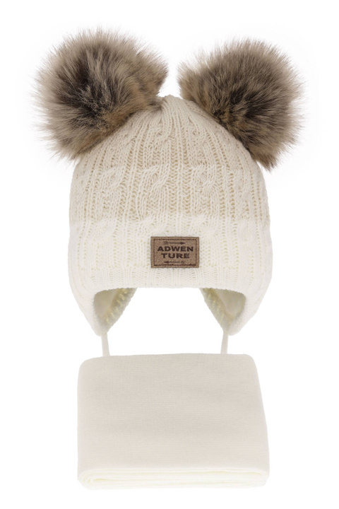 Dreng vintersæt: hue og tørklæde, kremfarvet, med to pomponer (garn), Platon