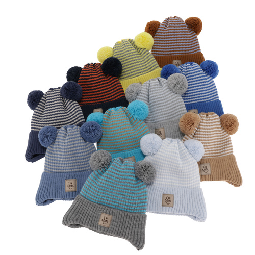 Dreng efterår/forår hue, grå, med to pomponer, med bindebånd, Laurent