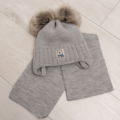 Dreng vintersæt: hue og tørklæde, blå, med to pomponer (garn), Jewel