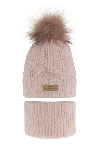 Pige vintersæt: hue og halsrør, rosa, med garn pompon, Alika