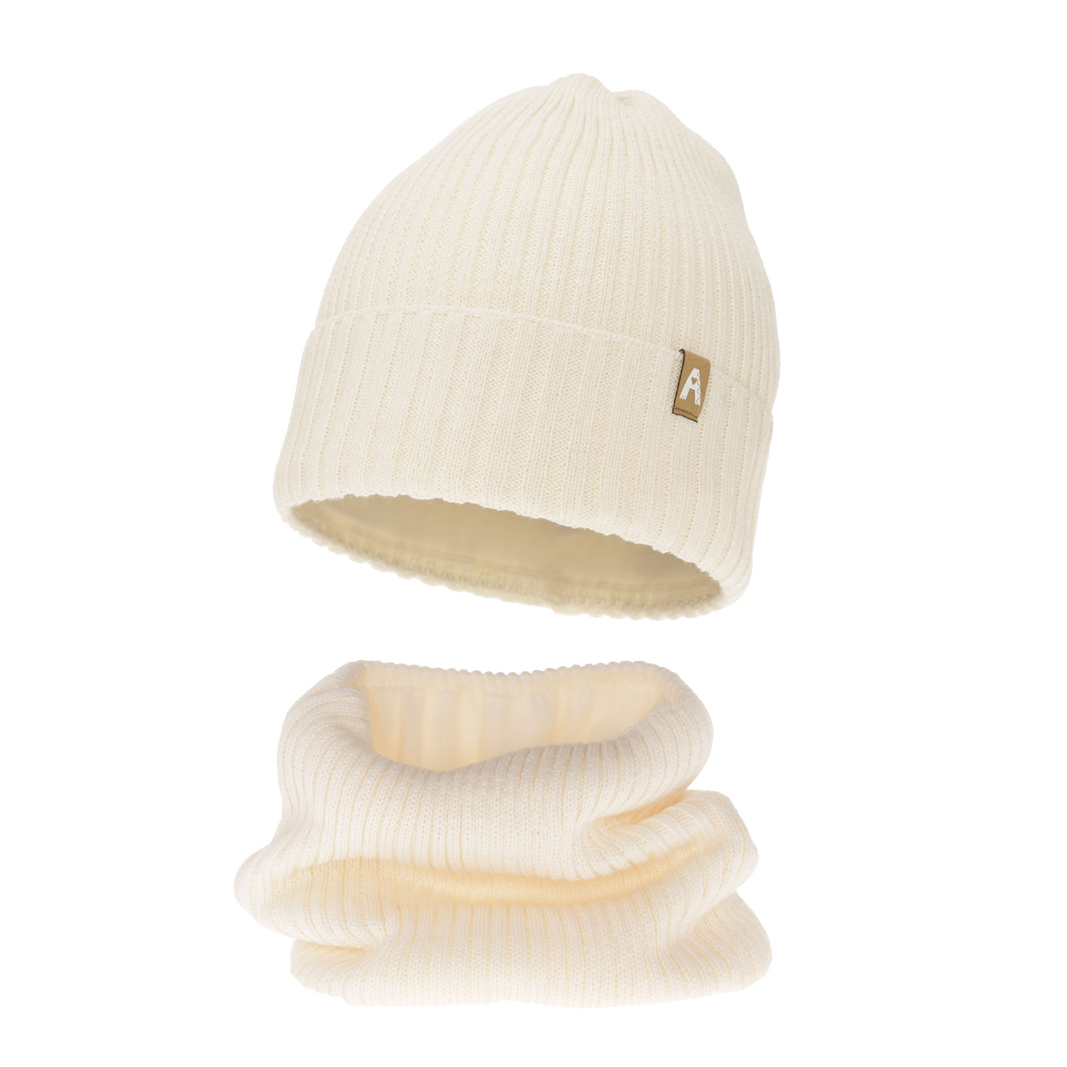 Pige vintersæt: hue og halsvarmer, cremefarvet, med merinould, foret med fleece, Peggy