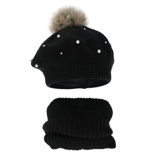 Pige vintersæt: beret og halsvarmer, foret med fleece, kremfarvet, med pompon, Jeanette