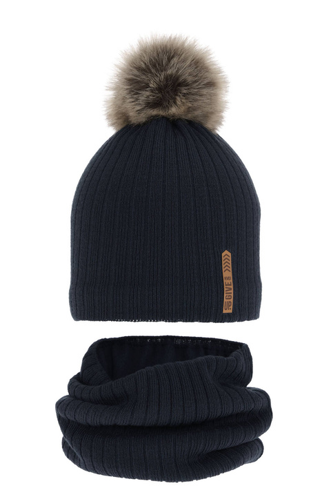 Dreng vintersæt: hue og halsrør, navy, med garn pompon, Kalen