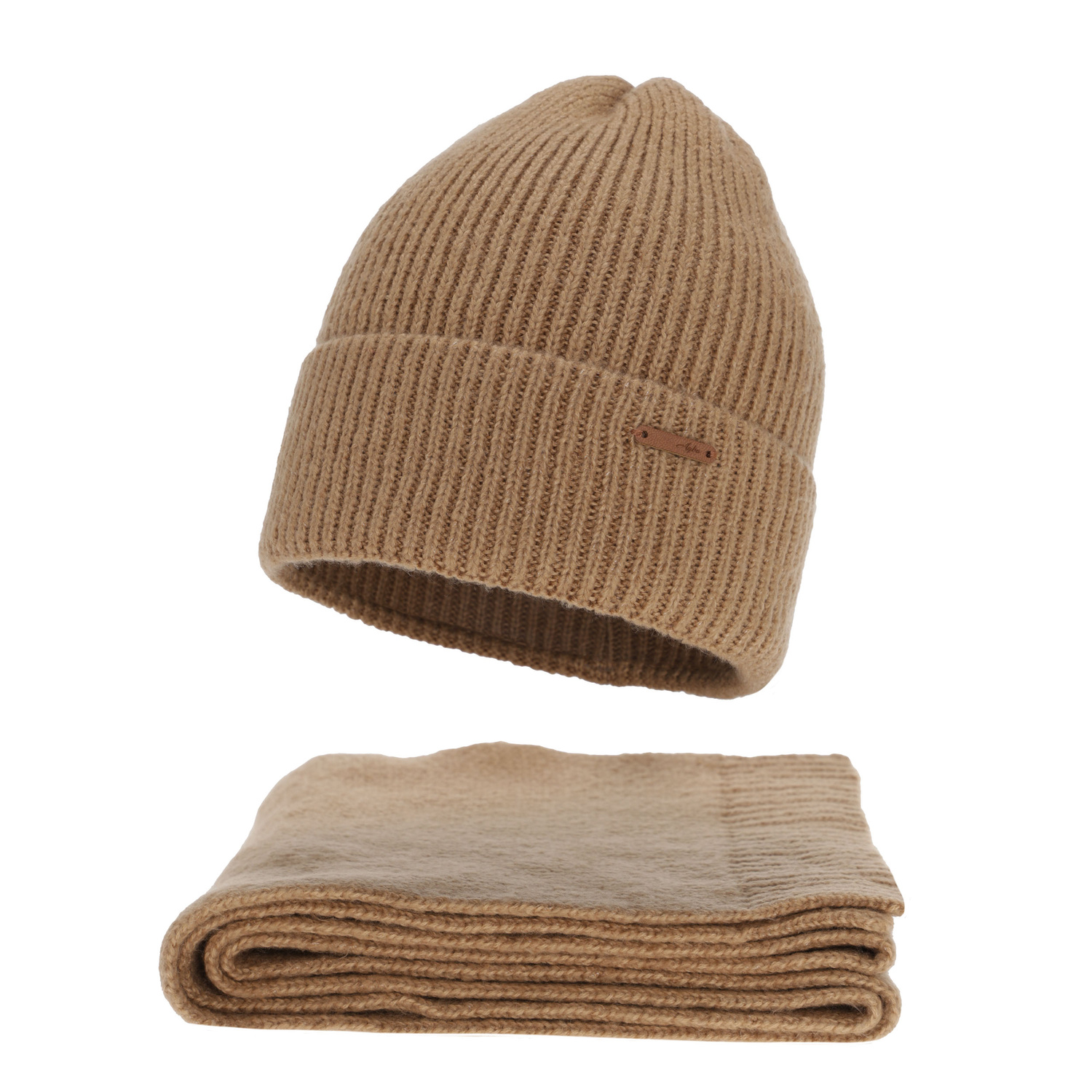 Dame vintersæt: hue og tørklæde, camel, med merinould, Seala