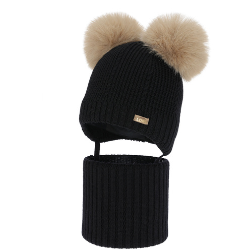 Pige hue og halsedisse, vinter sæt, sort, 100% merinould, foret med uld fleece, Lumia