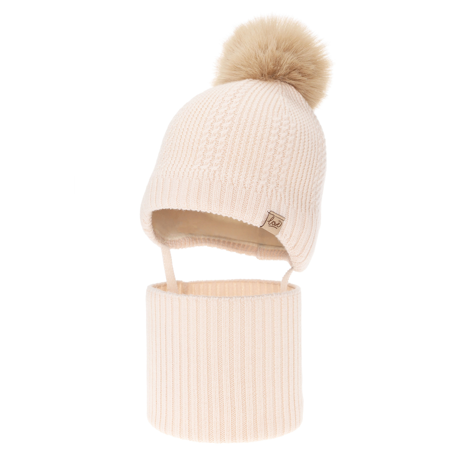 Pige vintersæt (hue og halsvarmer), lyserød, 100% Merino Uld, foret med uldtæppe, med bindebånd Danielle