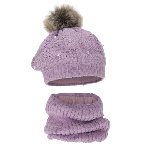 Beret og halsvarmer til piger, vinter, foret med fleece, lilla, med pompon, Jeanette