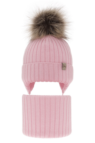 Pige vintersæt: hue og halsvarmer, pink, med merinould, med bindebånd, Junika