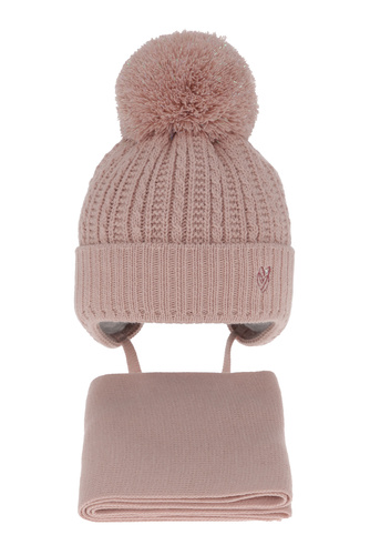 Pige vintersæt: hue og tørklæde, rosa, med bindebånd, med garn pompon, Marisa