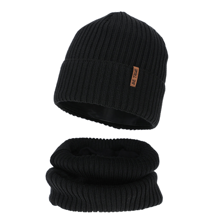 Dreng vintersæt (hue og halsvarmer), sort, med merinould, Colton