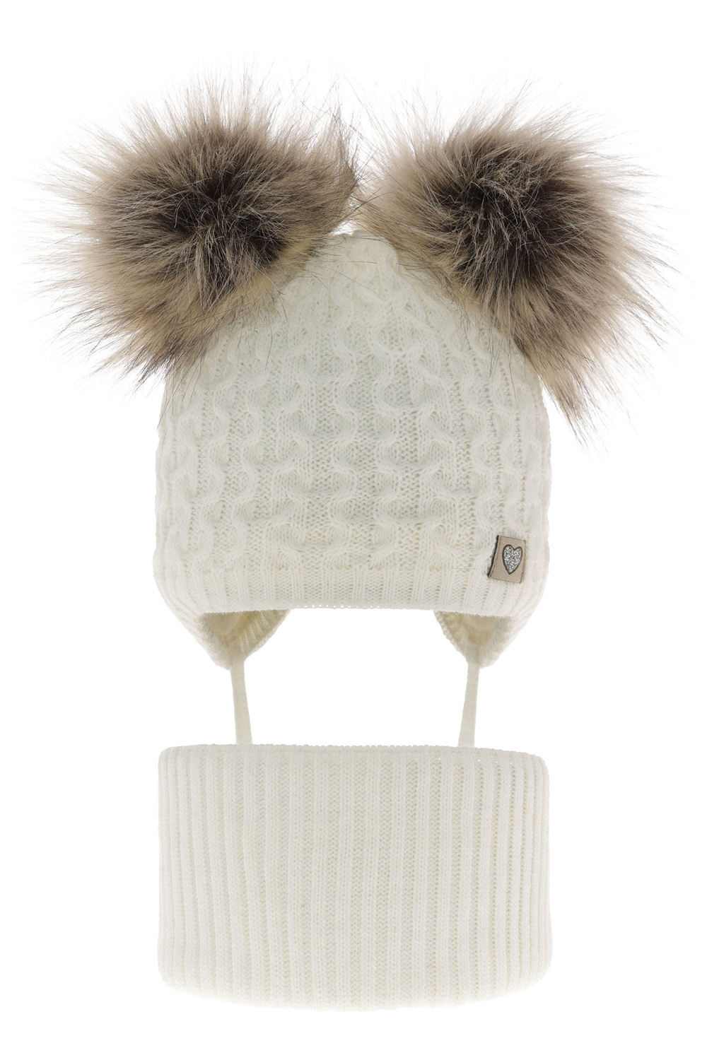 Pige vintersæt: hue og halsrør, creme, med to pomponer, med bindebånd, Poliana